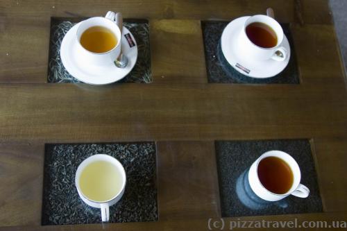 Interesting table, the tea is standing on the leaves of which it was made.